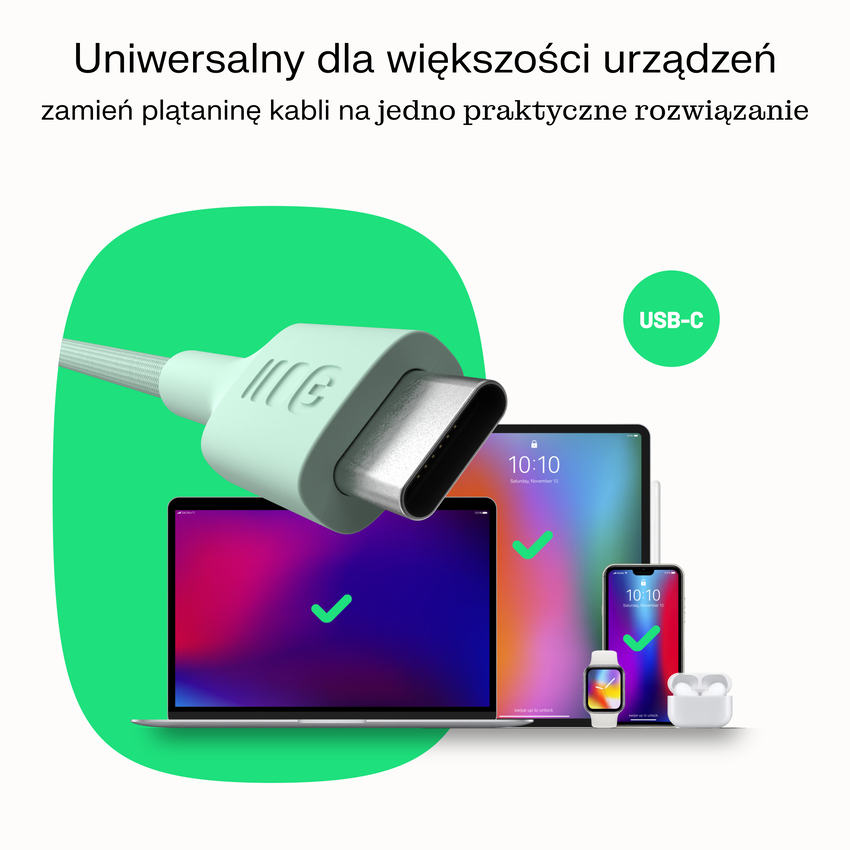 USB-C kabel 2m 100W Greencell PowerStream Fast Charging PD Snow bel (KABGC100PS200SW)