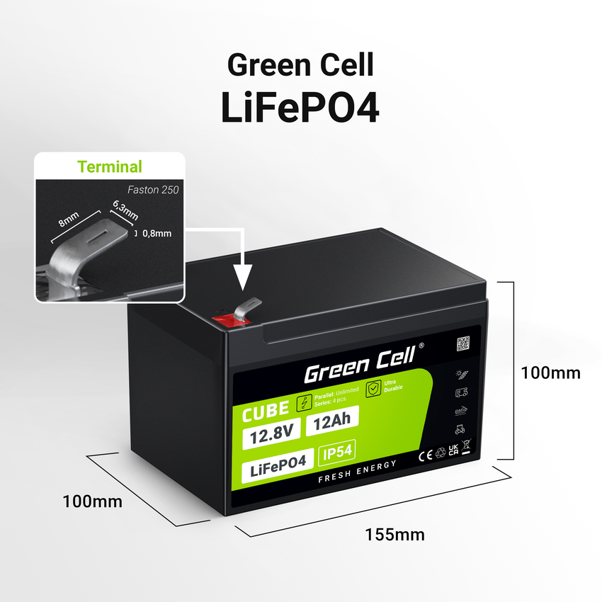 Green Cell CUBE LiFePO4 12Ah 12.8V 153.6Wh Lithium Iron Phosphate baterija za Wheelchair, Toy, Scooter (LFPGC12V12AH)